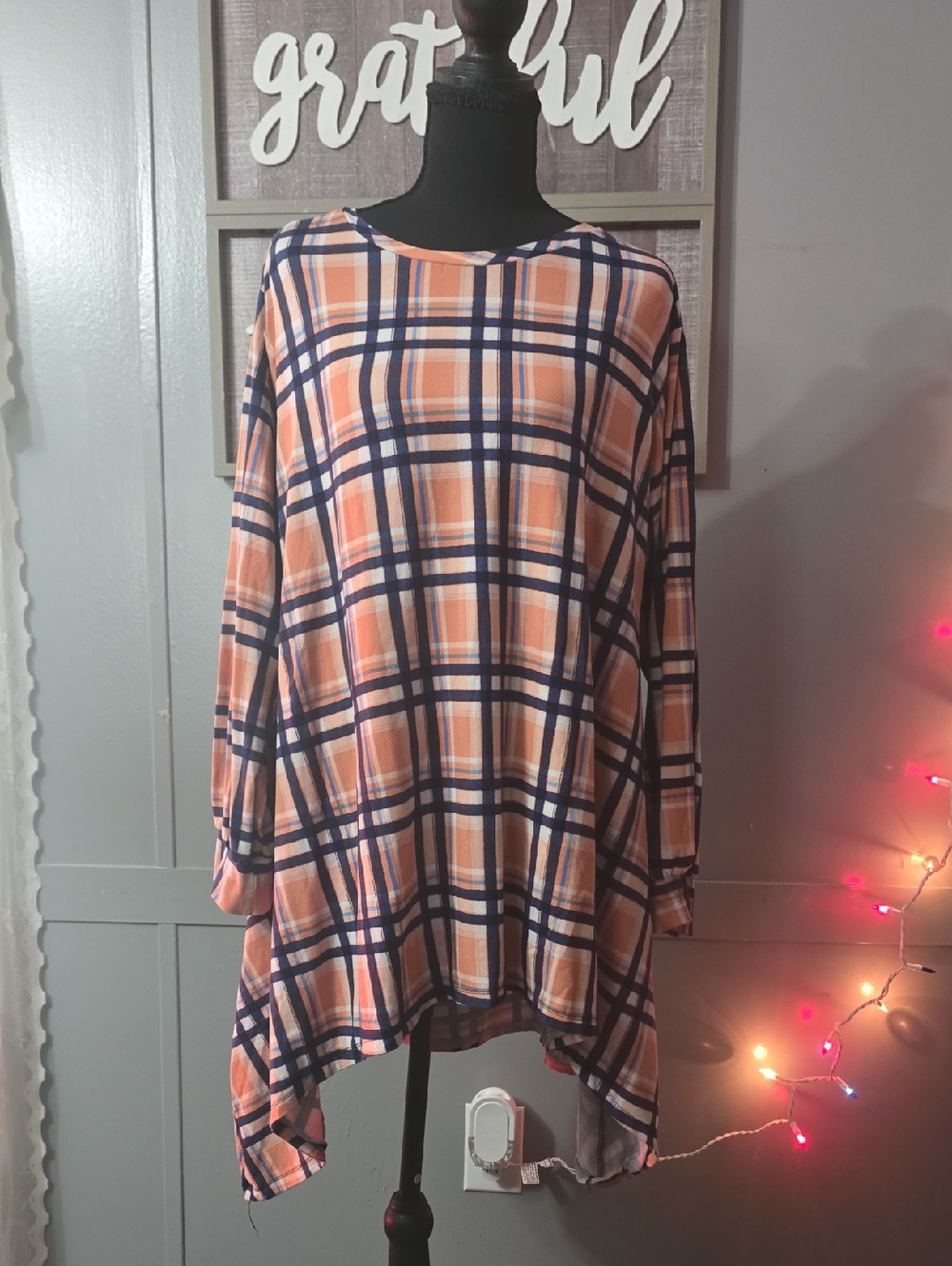 Peach and Navy Plaid Tunic Top